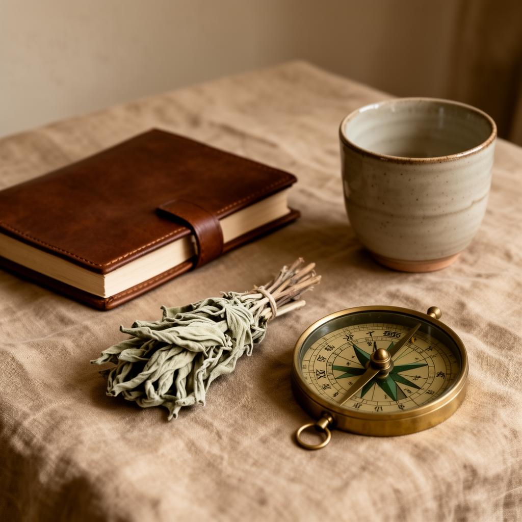A journal, ceramic cup, sage and brass compass on linen